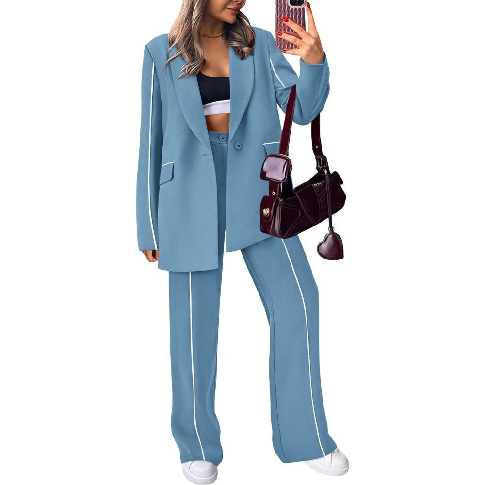 imagePRETTYGARDEN Womens Fall Spring 2 Piece Blazer Outfits Business Casual Oversized Jacket Wide Leg Work Pants Dressy Suit SetBlue
