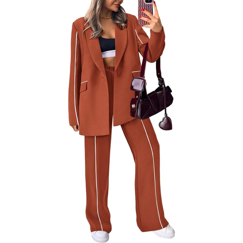 imagePRETTYGARDEN Womens Fall Spring 2 Piece Blazer Outfits Business Casual Oversized Jacket Wide Leg Work Pants Dressy Suit SetBrick Red