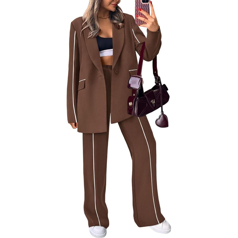 imagePRETTYGARDEN Womens Fall Spring 2 Piece Blazer Outfits Business Casual Oversized Jacket Wide Leg Work Pants Dressy Suit SetCoffee