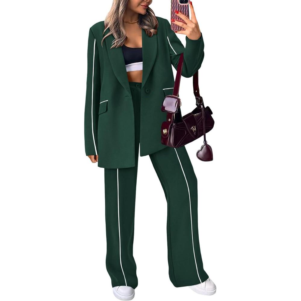 imagePRETTYGARDEN Womens Fall Spring 2 Piece Blazer Outfits Business Casual Oversized Jacket Wide Leg Work Pants Dressy Suit SetDark Green