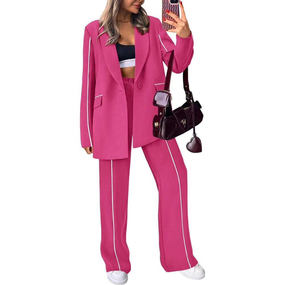 imagePRETTYGARDEN Womens Fall Spring 2 Piece Blazer Outfits Business Casual Oversized Jacket Wide Leg Work Pants Dressy Suit SetRose Red