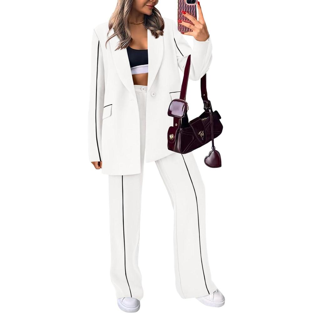imagePRETTYGARDEN Womens Fall Spring 2 Piece Blazer Outfits Business Casual Oversized Jacket Wide Leg Work Pants Dressy Suit SetWhite