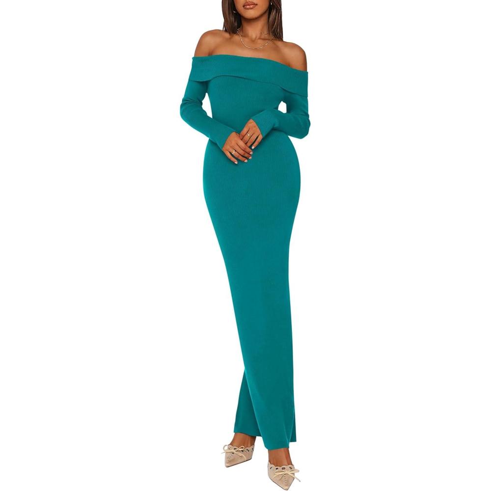imagePRETTYGARDEN Womens Fall Sweater Dress 2026 Long Sleeve Off Shoulder Slit Maxi Bodycon Cocktail Party Dresses Spring FashionDark Cyan