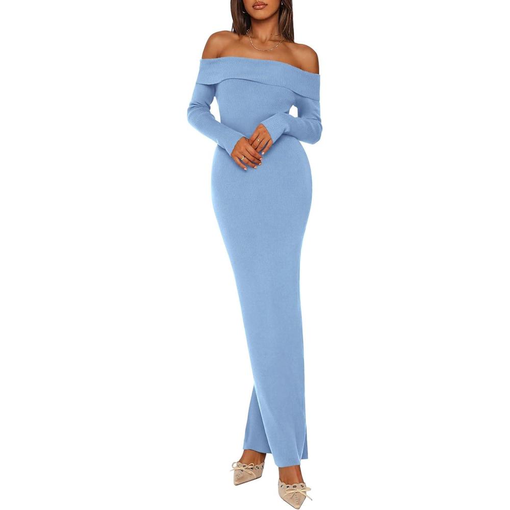 imagePRETTYGARDEN Womens Fall Sweater Dress 2026 Long Sleeve Off Shoulder Slit Maxi Bodycon Cocktail Party Dresses Spring FashionLight Blue