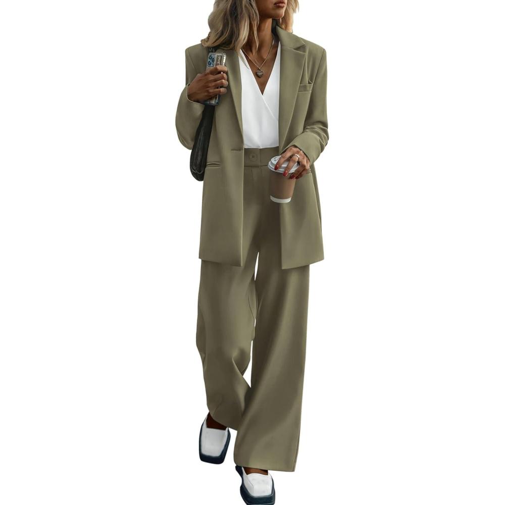 imagePRETTYGARDEN Womens Fall Two Piece Outfits Dressy Blazer Jacket and Wide Leg Pants Pockets Business Casual Office Suit SetsArmy Green