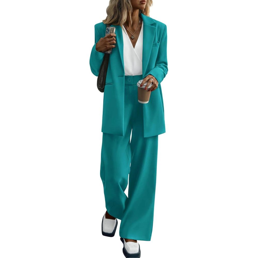 imagePRETTYGARDEN Womens Fall Two Piece Outfits Dressy Blazer Jacket and Wide Leg Pants Pockets Business Casual Office Suit SetsBlue Green