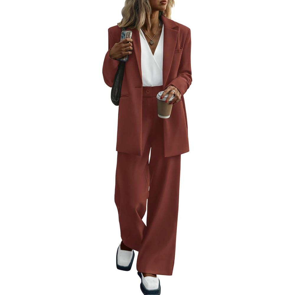 imagePRETTYGARDEN Womens Fall Two Piece Outfits Dressy Blazer Jacket and Wide Leg Pants Pockets Business Casual Office Suit SetsBrown Red