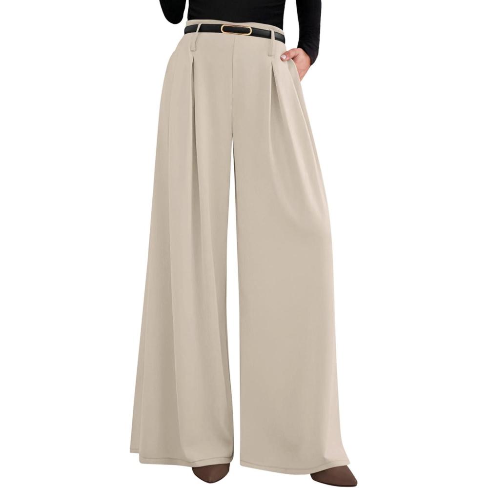 imagePRETTYGARDEN Womens Fall Wide Leg Trousers 2026 High Elastic Waist Loose Pleated Long Flowy Palazzo Work Pants with PocketsApricot