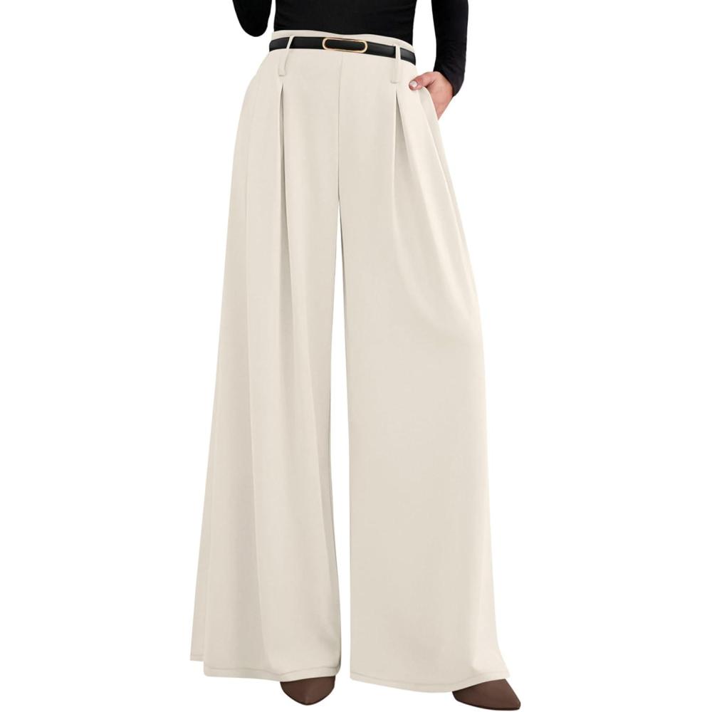 imagePRETTYGARDEN Womens Fall Wide Leg Trousers 2026 High Elastic Waist Loose Pleated Long Flowy Palazzo Work Pants with PocketsBeige