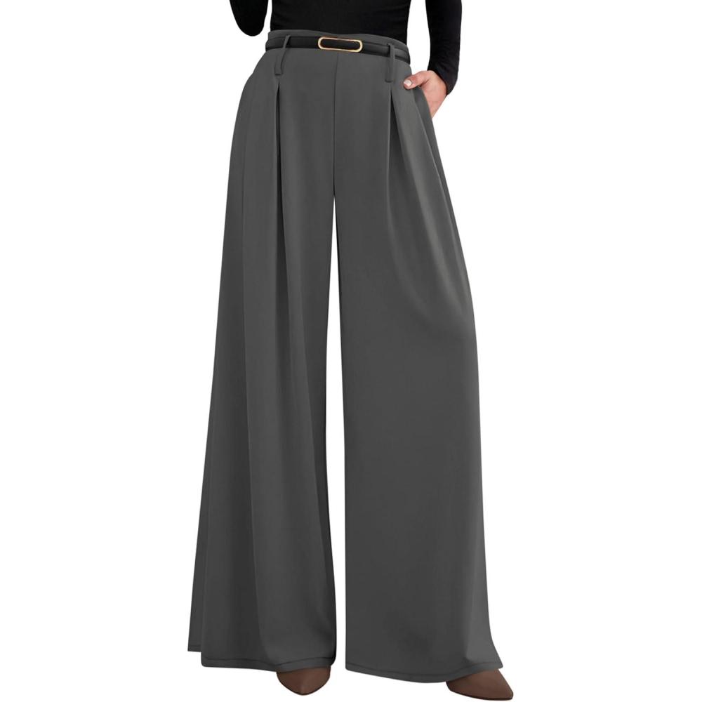 imagePRETTYGARDEN Womens Fall Wide Leg Trousers 2026 High Elastic Waist Loose Pleated Long Flowy Palazzo Work Pants with PocketsGrey