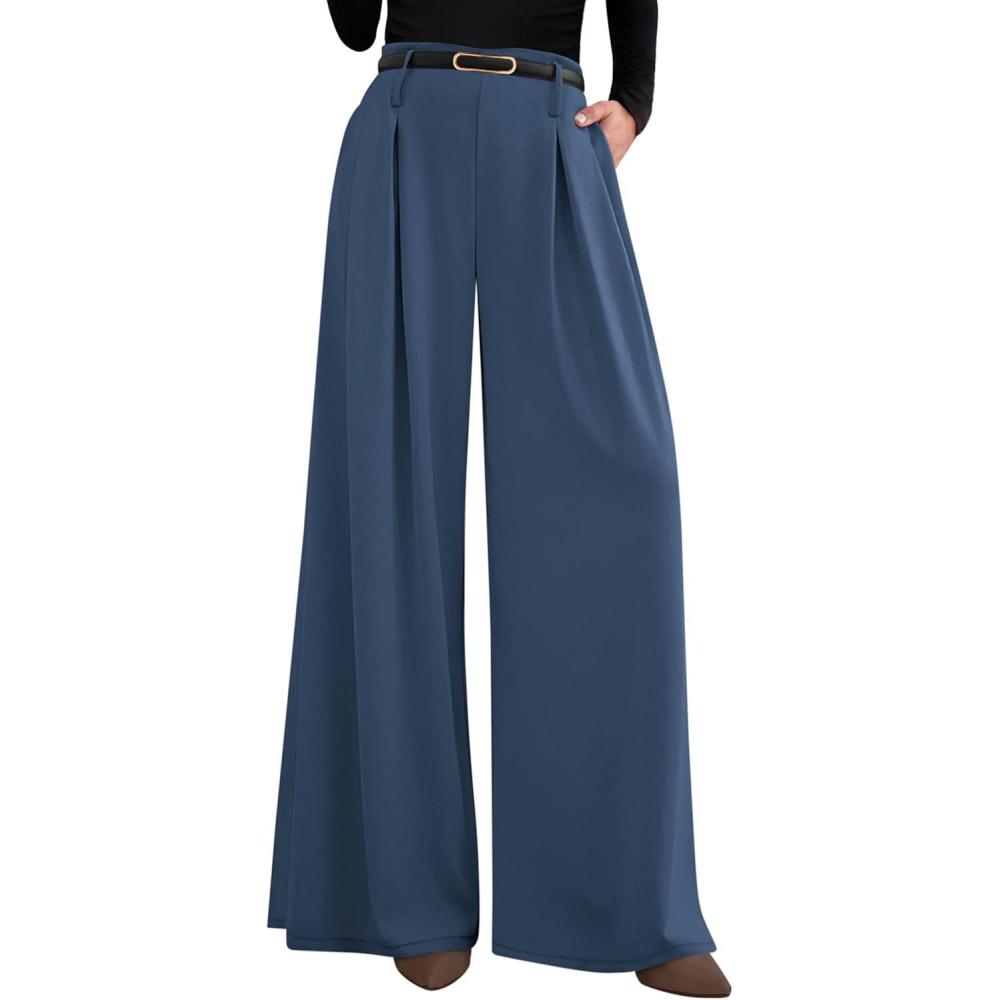 imagePRETTYGARDEN Womens Fall Wide Leg Trousers 2026 High Elastic Waist Loose Pleated Long Flowy Palazzo Work Pants with PocketsGrey Blue