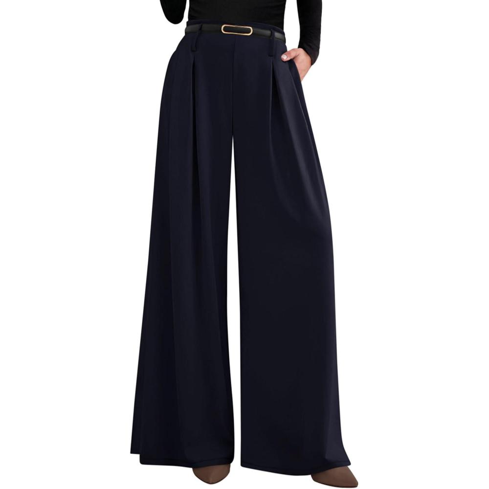 imagePRETTYGARDEN Womens Fall Wide Leg Trousers 2026 High Elastic Waist Loose Pleated Long Flowy Palazzo Work Pants with PocketsNavy