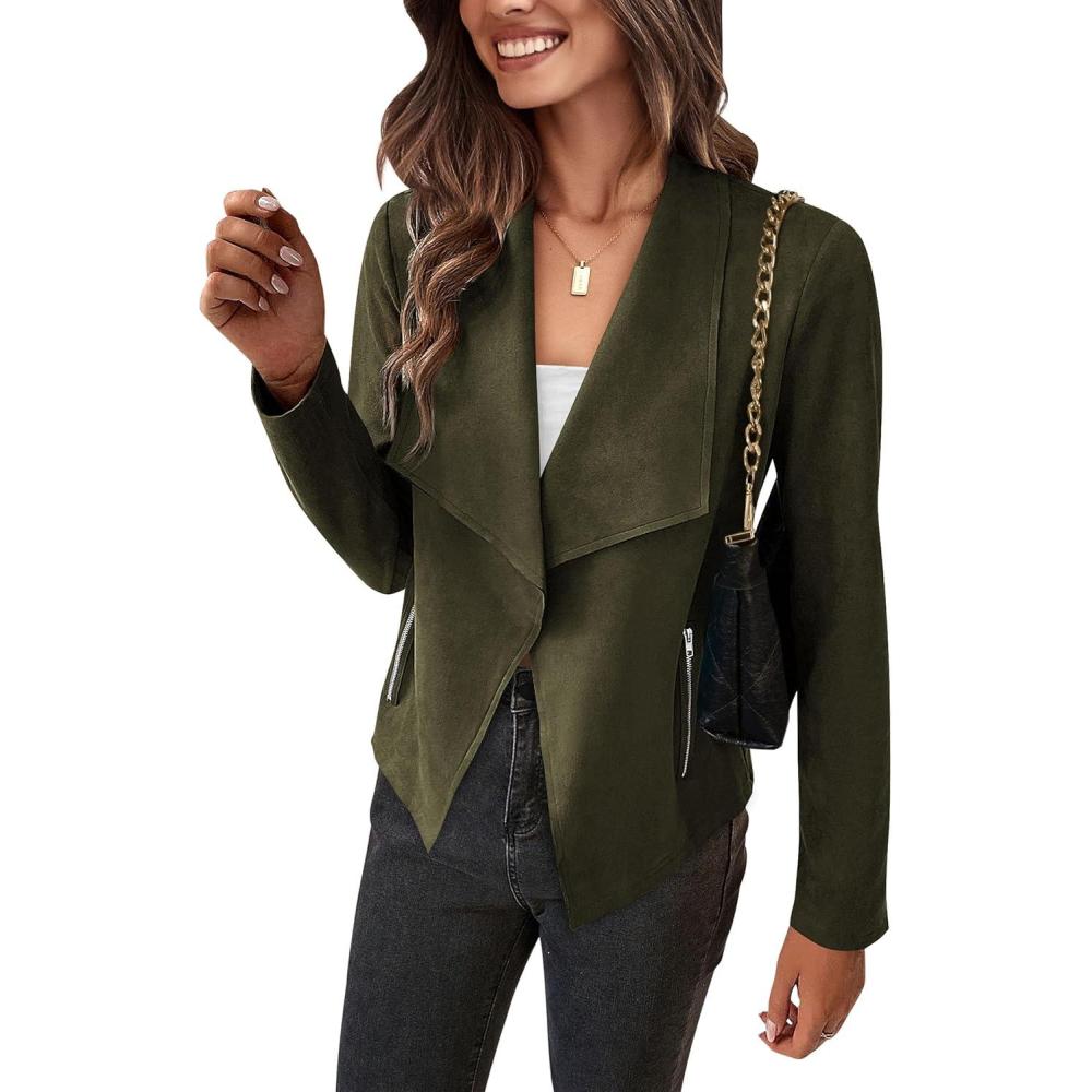 imagePRETTYGARDEN Womens Faux Suede Jackets 2026 Fashion Fall Clothes Long Sleeve Open Front Cropped Coat OutwearArmy Green