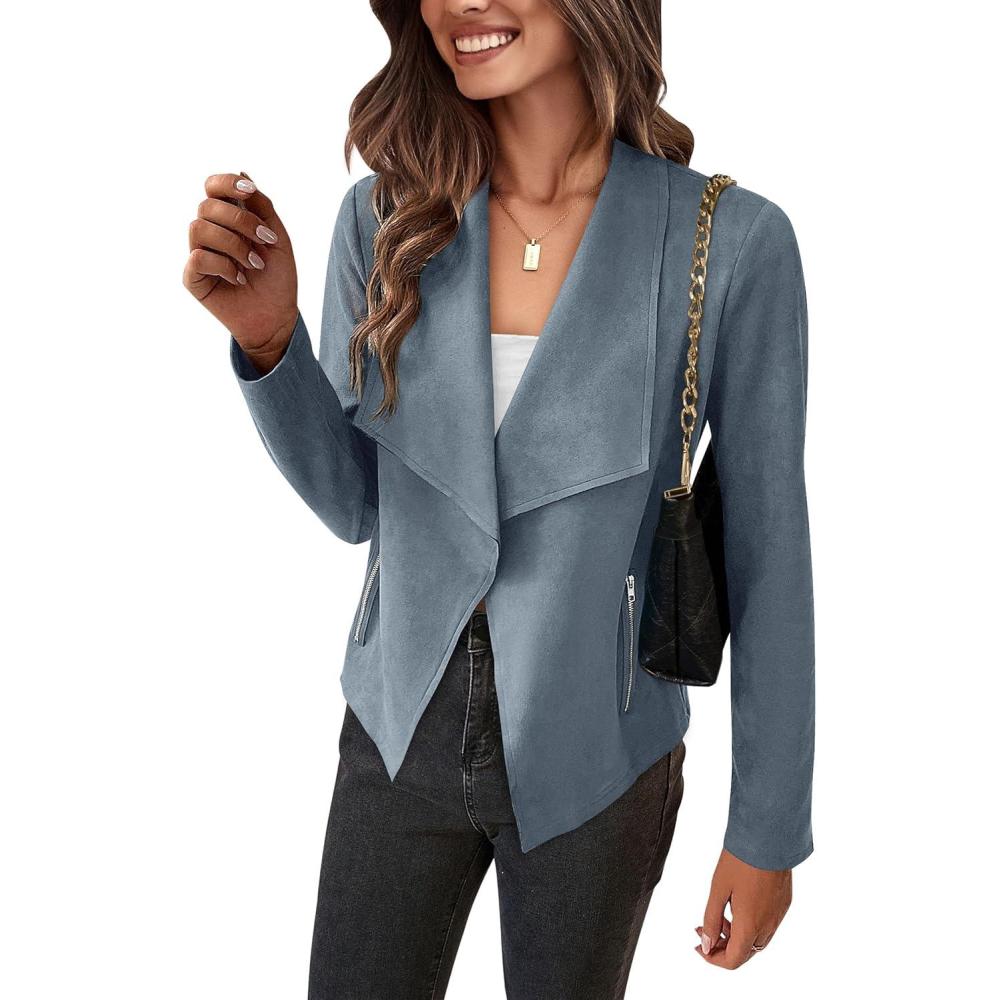 imagePRETTYGARDEN Womens Faux Suede Jackets 2026 Fashion Fall Clothes Long Sleeve Open Front Cropped Coat OutwearGrey Blue