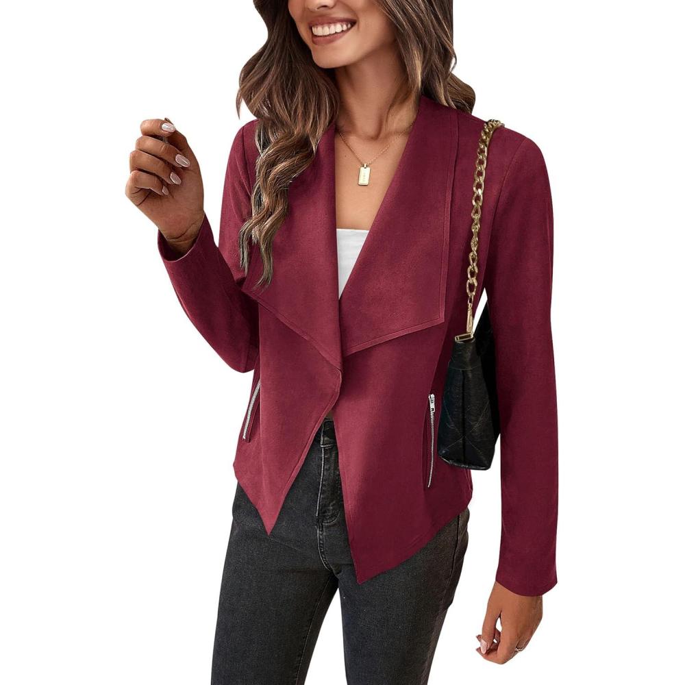 imagePRETTYGARDEN Womens Faux Suede Jackets 2026 Fashion Fall Clothes Long Sleeve Open Front Cropped Coat OutwearWine Red