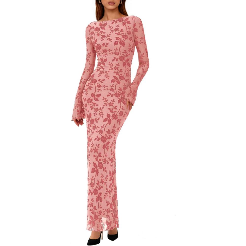imagePRETTYGARDEN Womens Floral Bodycon Maxi Dress 2026 Spring Elegant Mesh Long Sleeve Formal Wedding Guest Cocktail DressesPink