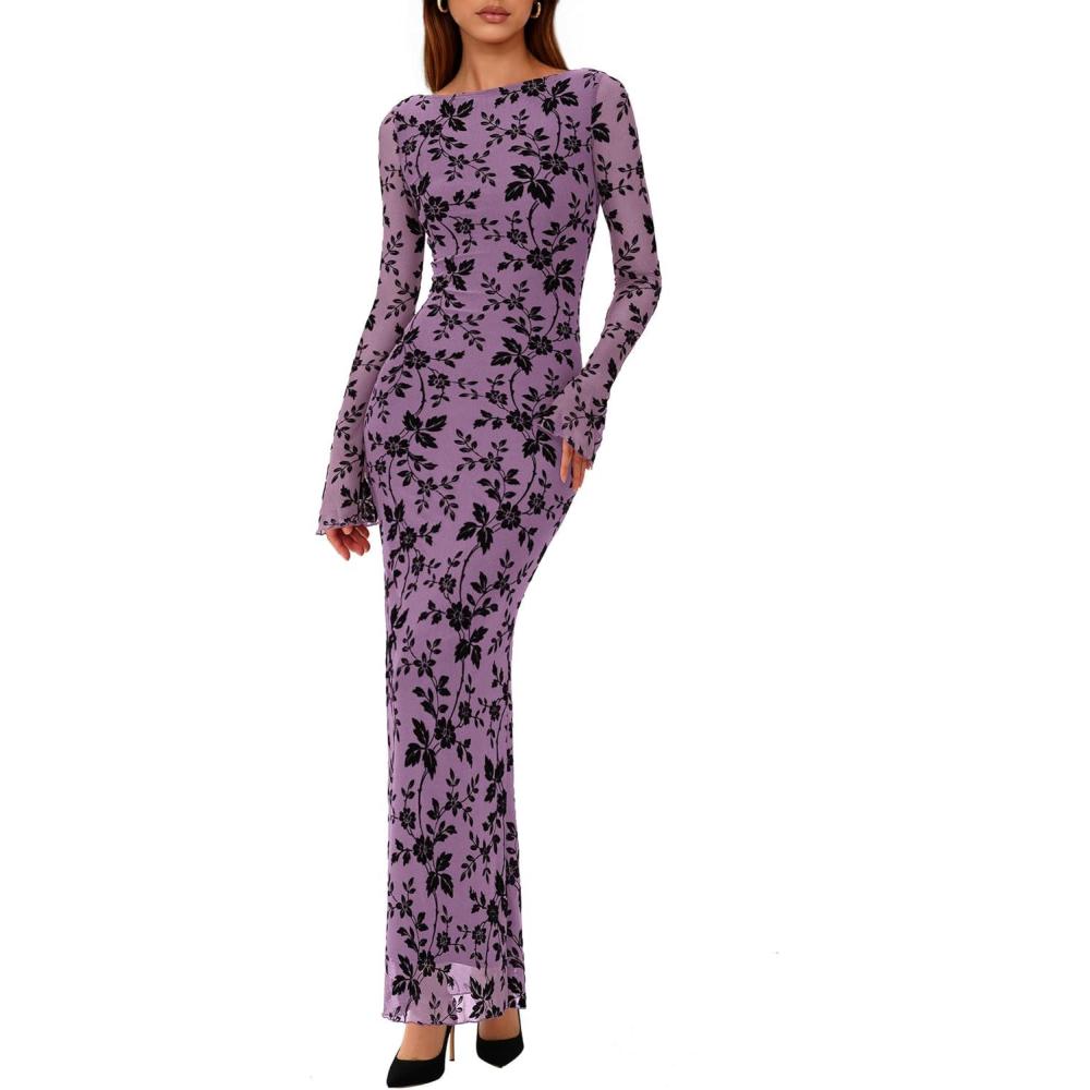 imagePRETTYGARDEN Womens Floral Bodycon Maxi Dress 2026 Spring Elegant Mesh Long Sleeve Formal Wedding Guest Cocktail DressesPurple