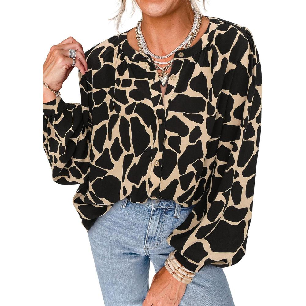 imagePRETTYGARDEN Womens Floral Button Down Blouse 2026 Fall Fashion Dressy Casual Long Sleeve Shirts Spring Top Boho ClothesBlack