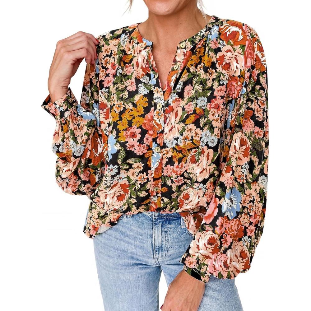 imagePRETTYGARDEN Womens Floral Button Down Blouse 2026 Fall Fashion Dressy Casual Long Sleeve Shirts Spring Top Boho ClothesFloral Black