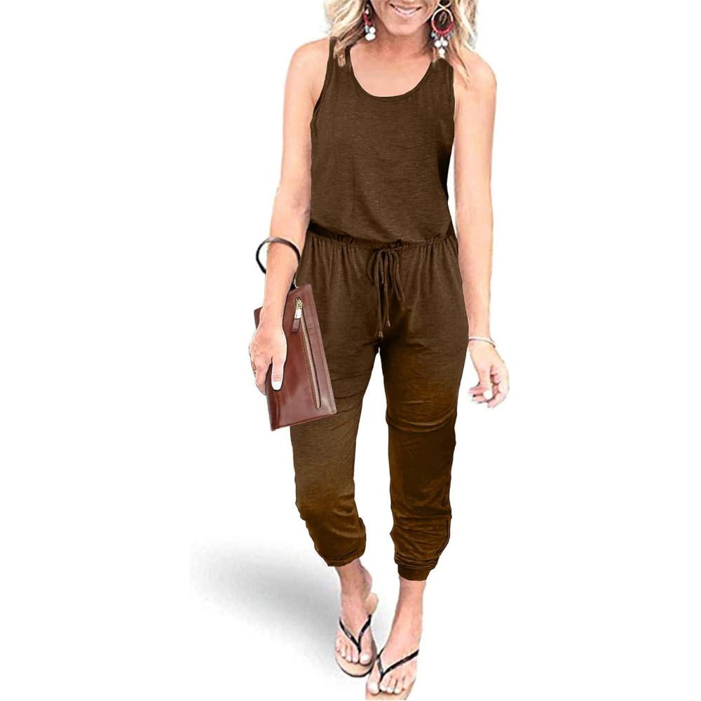 imagePRETTYGARDEN Womens Jumpsuit Casual Summer Romper 2026 Sleeveless Tank Lounge Cruise Airport Outfits Vacation Spring ClothesCoffee