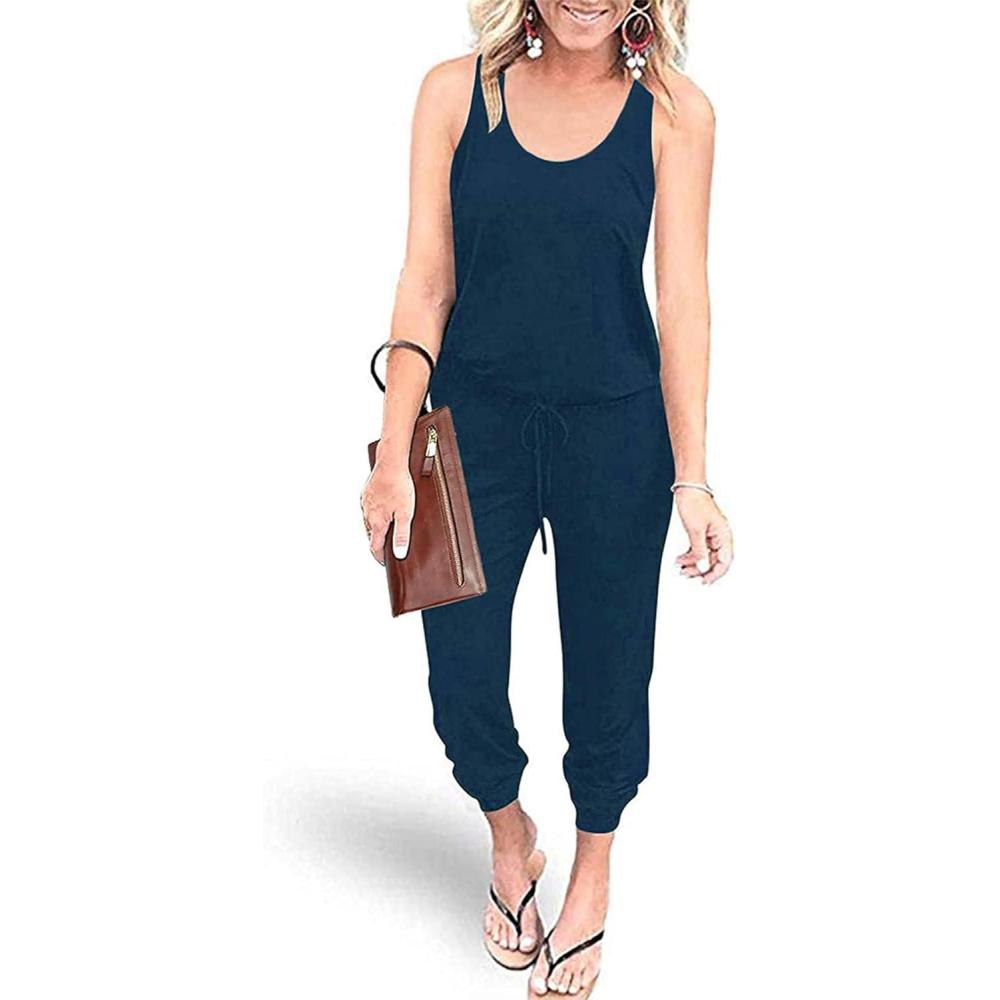 imagePRETTYGARDEN Womens Jumpsuit Casual Summer Romper 2026 Sleeveless Tank Lounge Cruise Airport Outfits Vacation Spring ClothesDark Blue