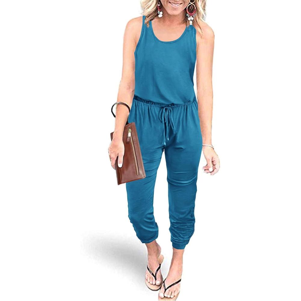 imagePRETTYGARDEN Womens Jumpsuit Casual Summer Romper 2026 Sleeveless Tank Lounge Cruise Airport Outfits Vacation Spring ClothesGrey Blue