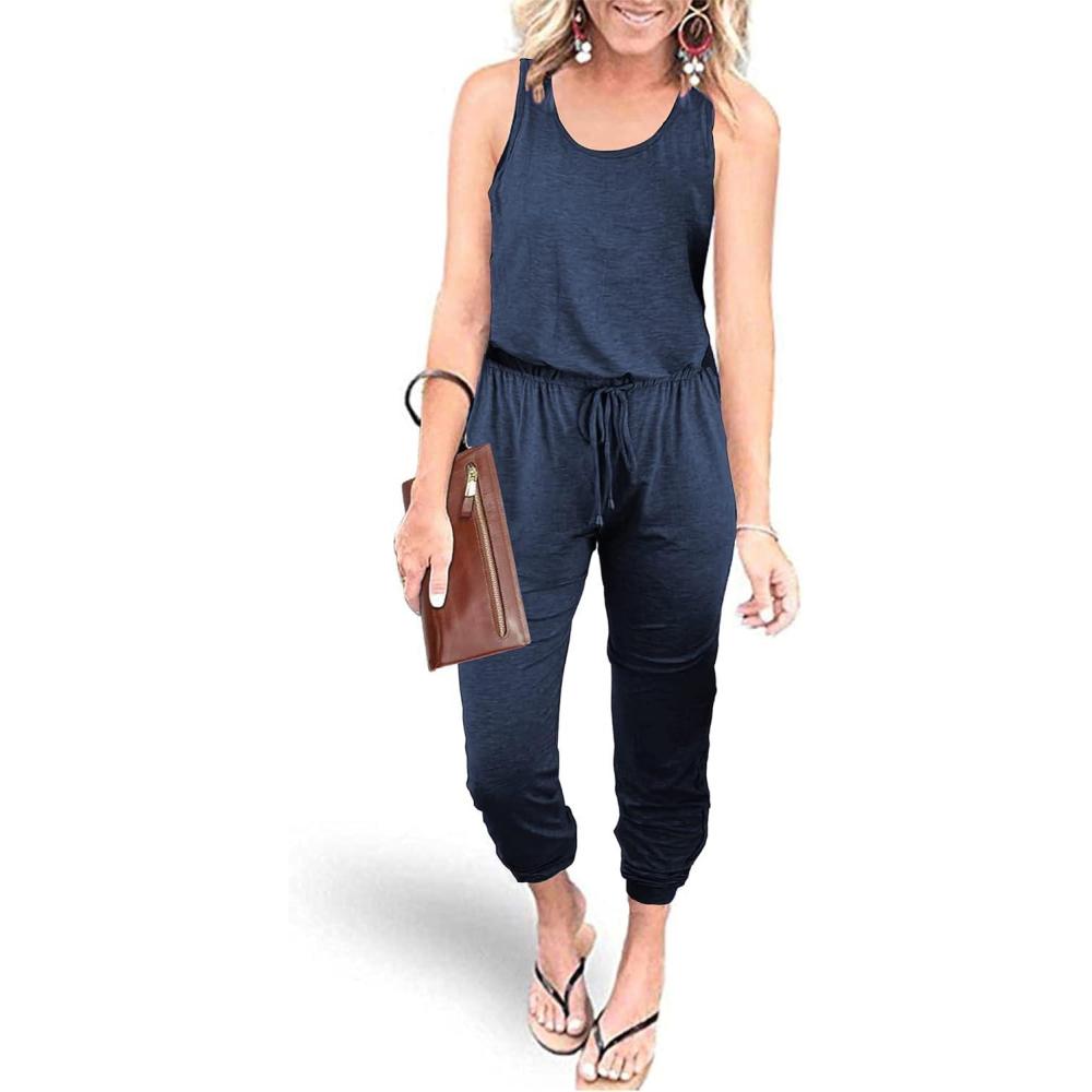 imagePRETTYGARDEN Womens Jumpsuit Casual Summer Romper 2026 Sleeveless Tank Lounge Cruise Airport Outfits Vacation Spring ClothesNavy Blue