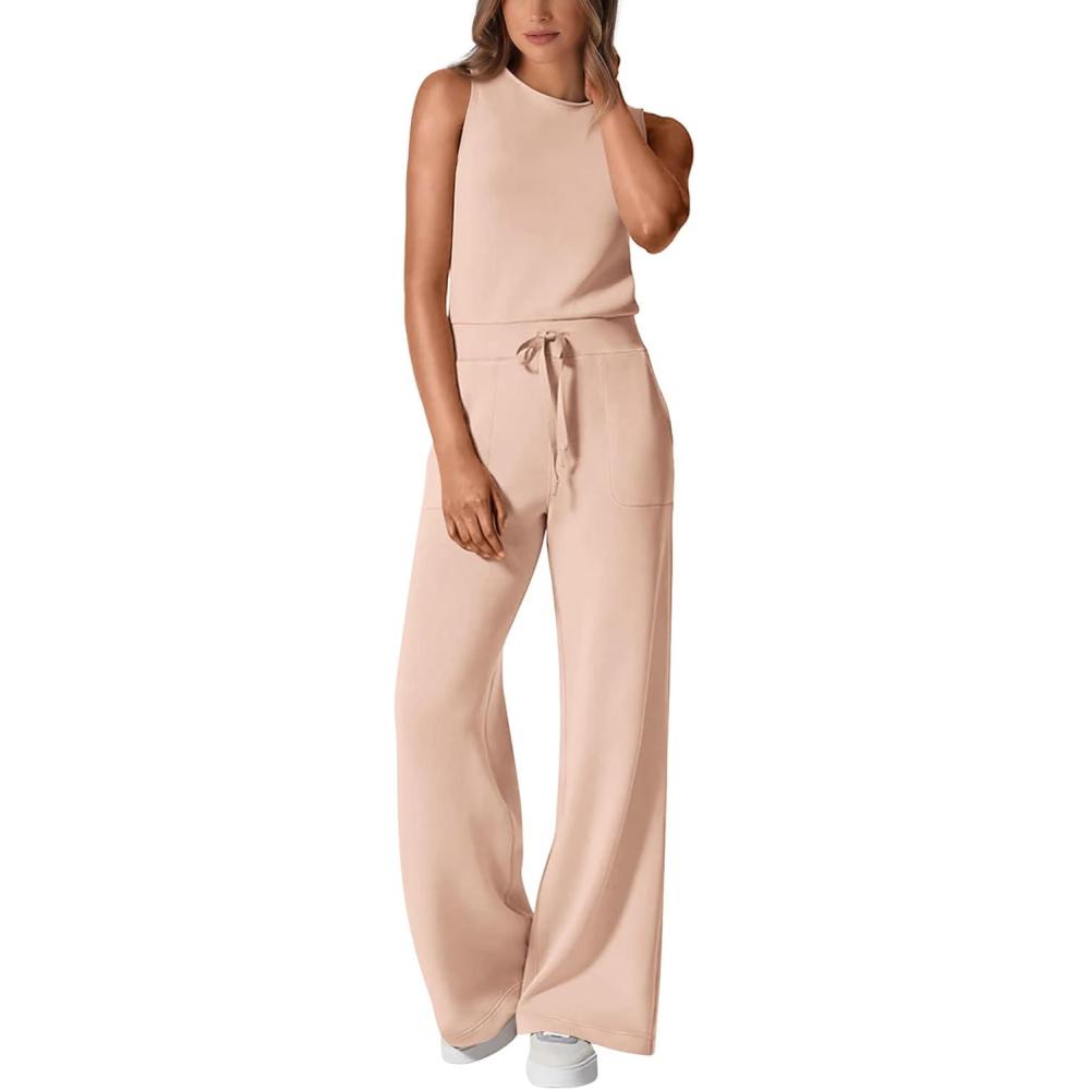 imagePRETTYGARDEN Womens Jumpsuits 2026 Summer One Piece Outfits Casual Sleeveless Wide Leg Long Pants Rompers Travel ClothesBeige