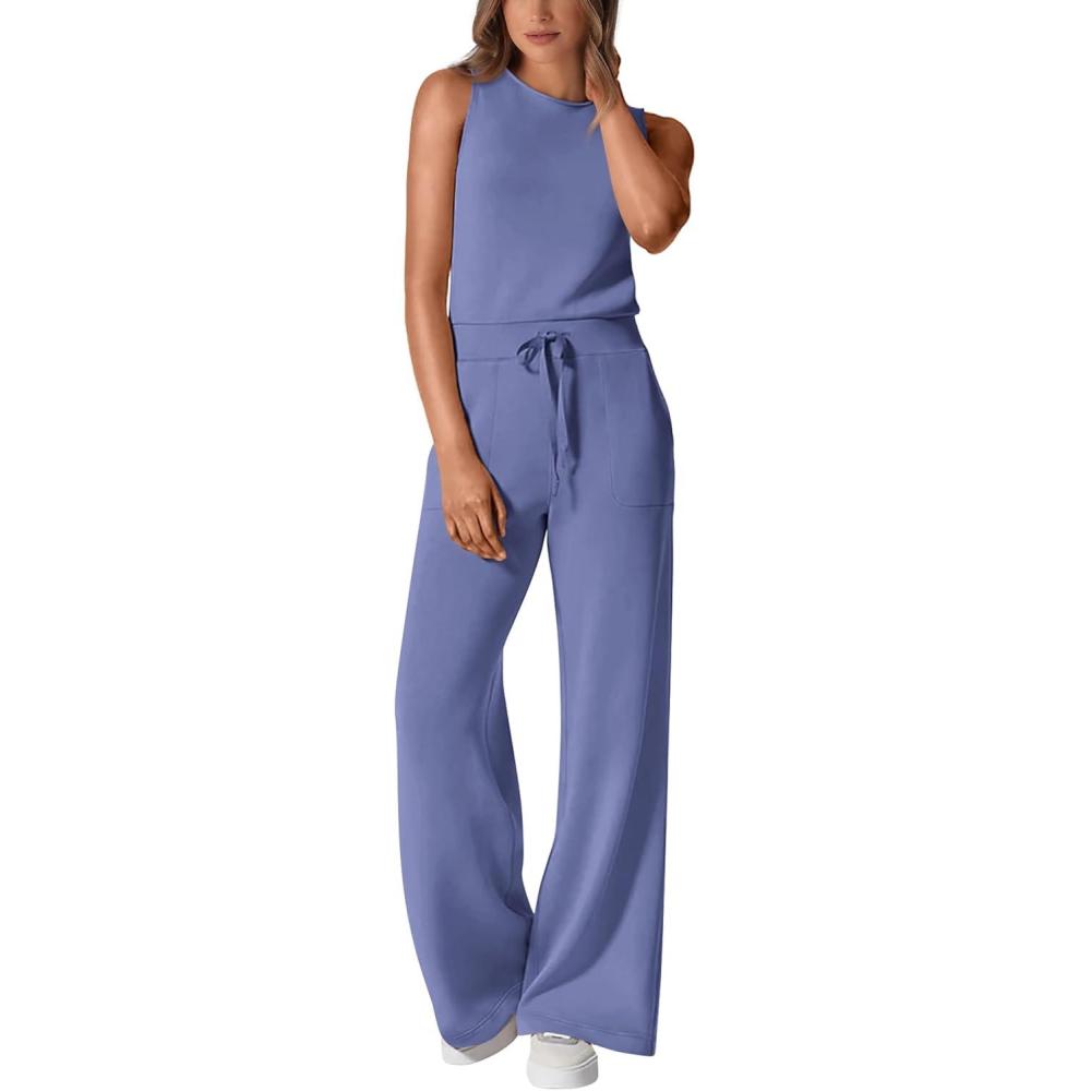 imagePRETTYGARDEN Womens Jumpsuits 2026 Summer One Piece Outfits Casual Sleeveless Wide Leg Long Pants Rompers Travel ClothesHaze Blue