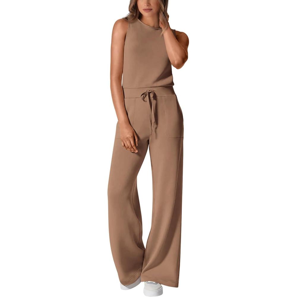 imagePRETTYGARDEN Womens Jumpsuits 2026 Summer One Piece Outfits Casual Sleeveless Wide Leg Long Pants Rompers Travel ClothesKhaki