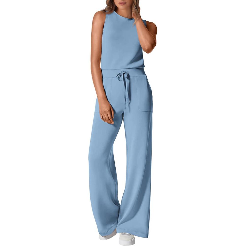 imagePRETTYGARDEN Womens Jumpsuits 2026 Summer One Piece Outfits Casual Sleeveless Wide Leg Long Pants Rompers Travel ClothesLight Blue
