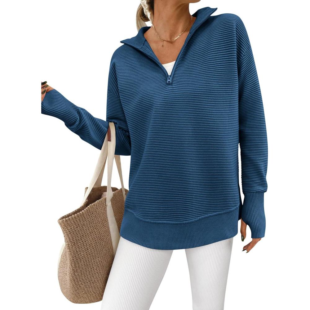imagePRETTYGARDEN Womens Long Sleeve Quarter Zip Pullover Sweater Casual Loose V Neck Collared Ribbed Knit Jumper Tops Thumb HoleDark Blue