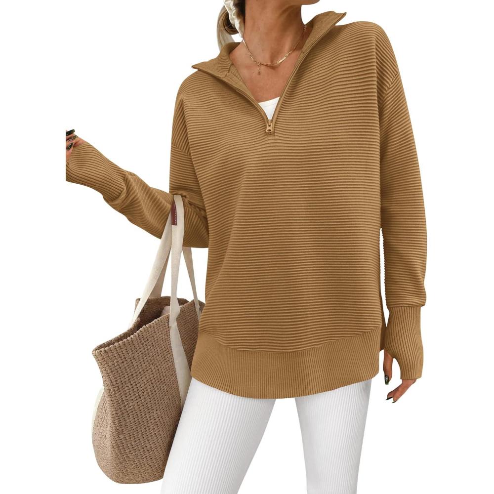 imagePRETTYGARDEN Womens Long Sleeve Quarter Zip Pullover Sweater Casual Loose V Neck Collared Ribbed Knit Jumper Tops Thumb HoleKhaki