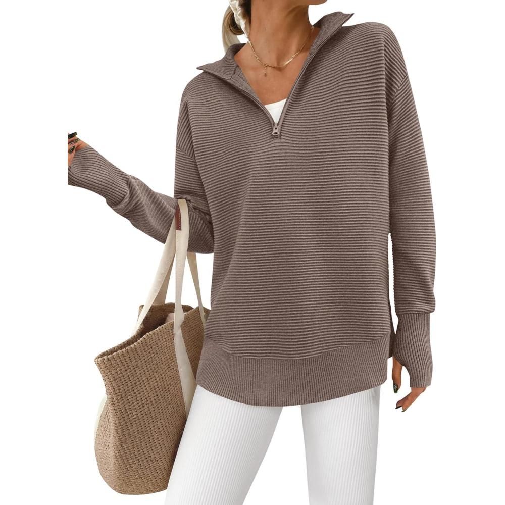 imagePRETTYGARDEN Womens Long Sleeve Quarter Zip Pullover Sweater Casual Loose V Neck Collared Ribbed Knit Jumper Tops Thumb HoleLight Brown