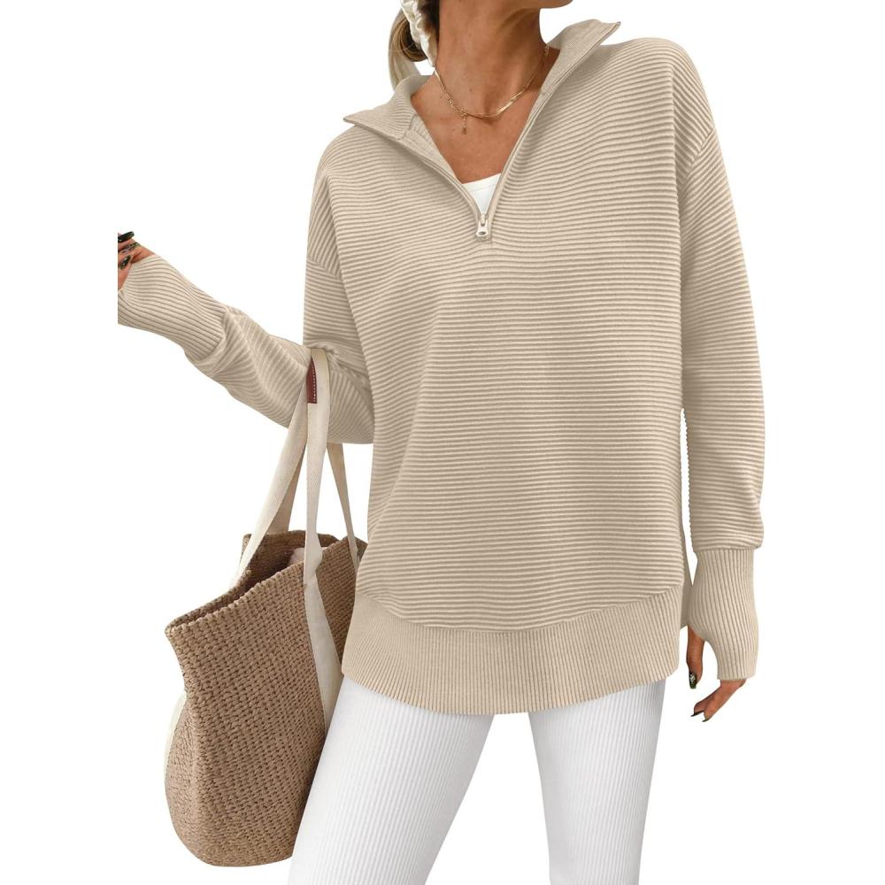 imagePRETTYGARDEN Womens Long Sleeve Quarter Zip Pullover Sweater Casual Loose V Neck Collared Ribbed Knit Jumper Tops Thumb HoleLight Khaki