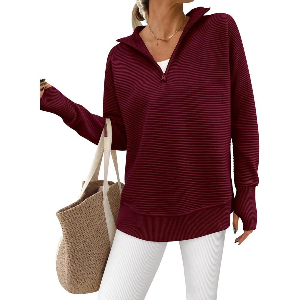 imagePRETTYGARDEN Womens Long Sleeve Quarter Zip Pullover Sweater Casual Loose V Neck Collared Ribbed Knit Jumper Tops Thumb HoleWine Red