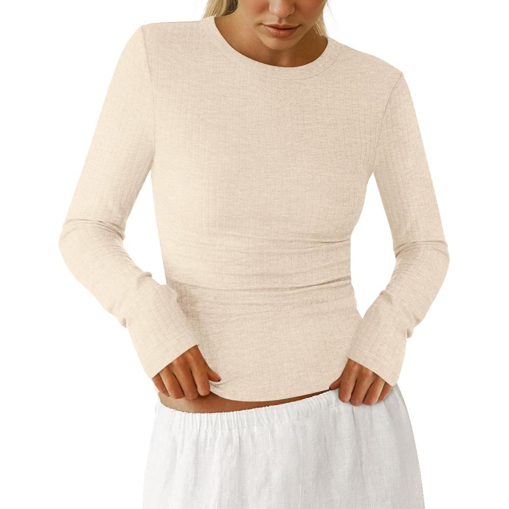 imagePRETTYGARDEN Womens Long Sleeve Shirts 2026 Ribbed Knit Slim Fitted Basic Tee Casual Going Out Tops Underscrubs Fall ClothingBeige