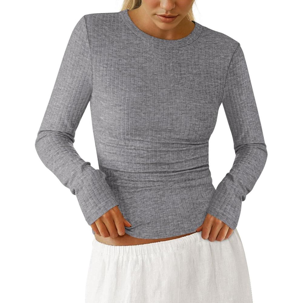 imagePRETTYGARDEN Womens Long Sleeve Shirts 2026 Ribbed Knit Slim Fitted Basic Tee Casual Going Out Tops Underscrubs Fall ClothingGrey