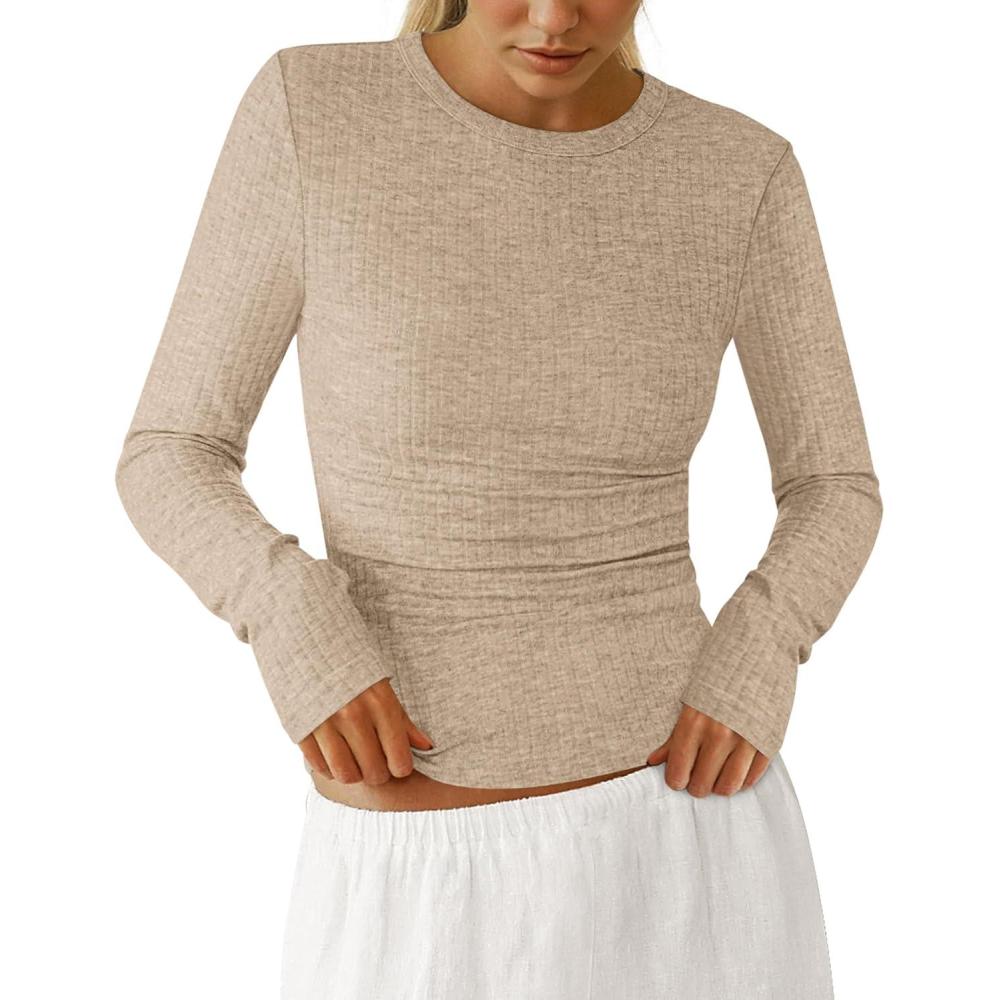imagePRETTYGARDEN Womens Long Sleeve Shirts 2026 Ribbed Knit Slim Fitted Basic Tee Casual Going Out Tops Underscrubs Fall ClothingKhaki