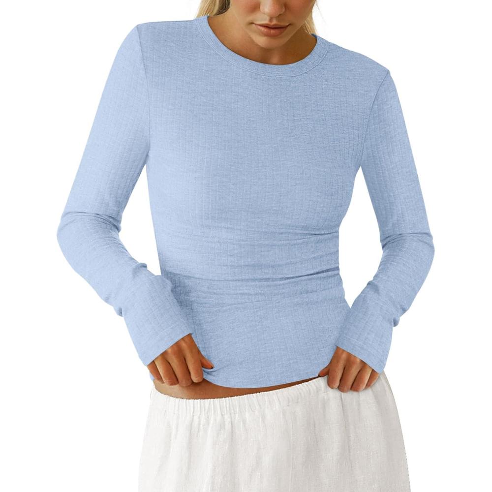 imagePRETTYGARDEN Womens Long Sleeve Shirts 2026 Ribbed Knit Slim Fitted Basic Tee Casual Going Out Tops Underscrubs Fall ClothingLight Blue