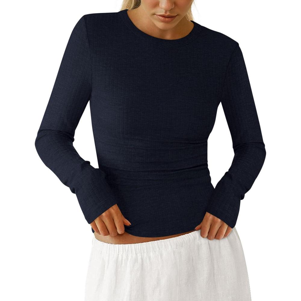 imagePRETTYGARDEN Womens Long Sleeve Shirts 2026 Ribbed Knit Slim Fitted Basic Tee Casual Going Out Tops Underscrubs Fall ClothingNavy Blue