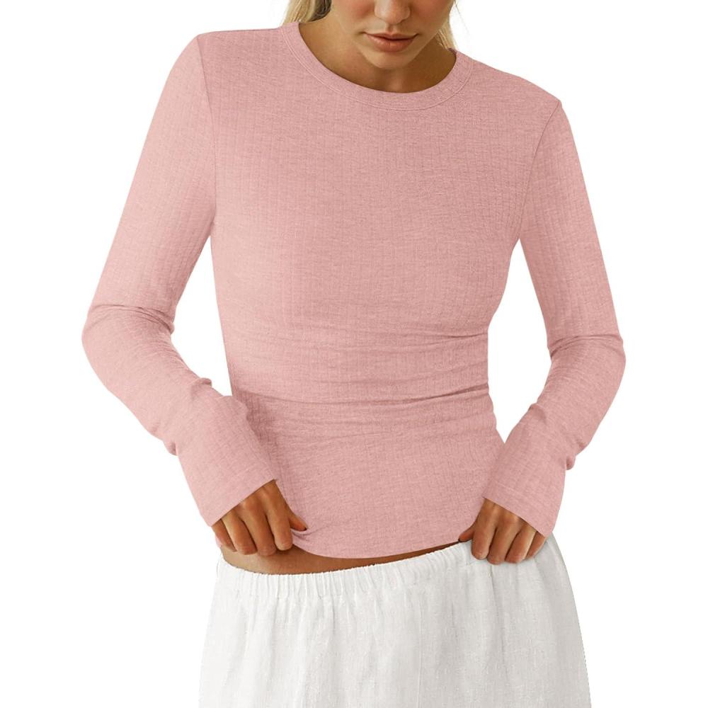 imagePRETTYGARDEN Womens Long Sleeve Shirts 2026 Ribbed Knit Slim Fitted Basic Tee Casual Going Out Tops Underscrubs Fall ClothingPink