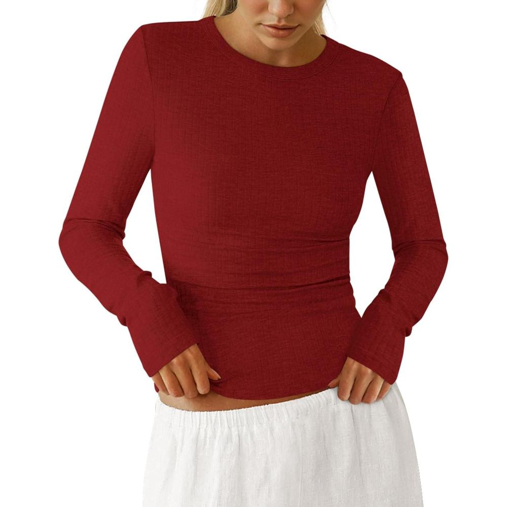 imagePRETTYGARDEN Womens Long Sleeve Shirts 2026 Ribbed Knit Slim Fitted Basic Tee Casual Going Out Tops Underscrubs Fall ClothingRed