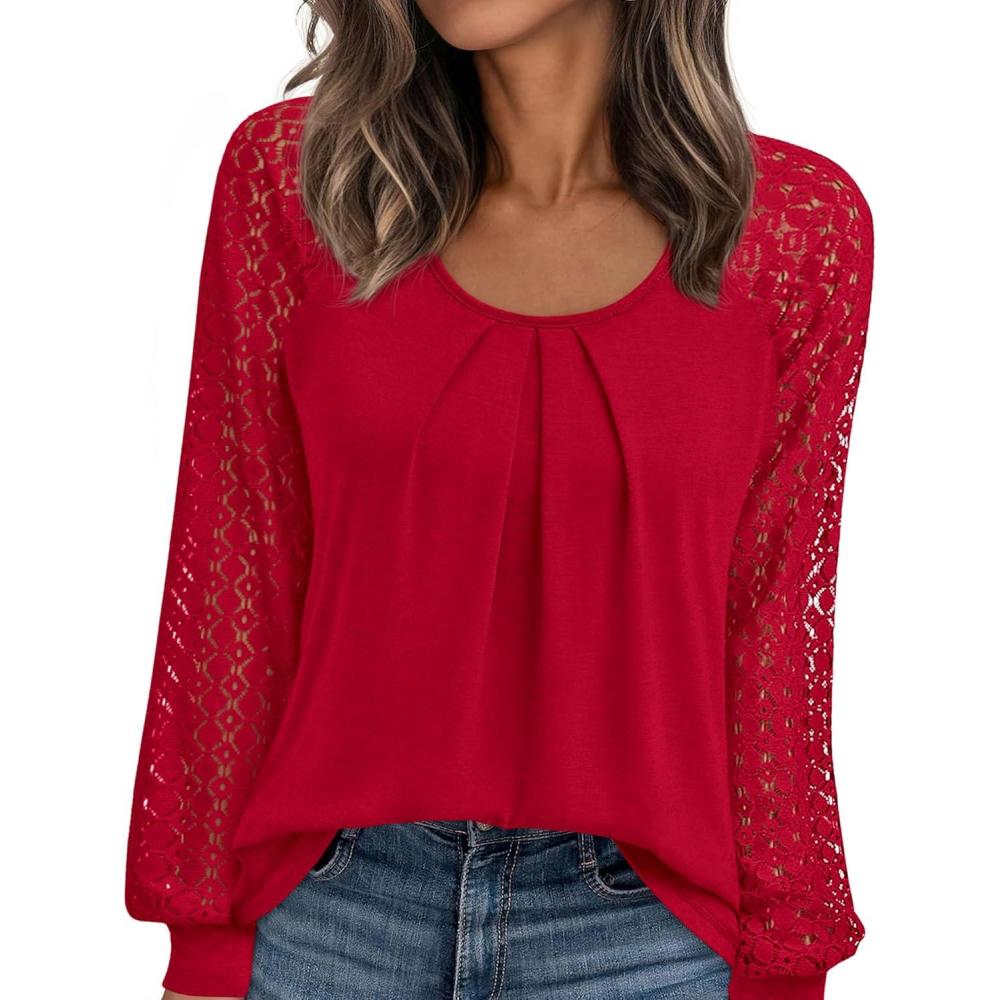imagePRETTYGARDEN Womens Long Sleeve Shirts Lace Tops 2026 Spring Fashion Outfits Dressy Casual Blouses Work ClothesRed