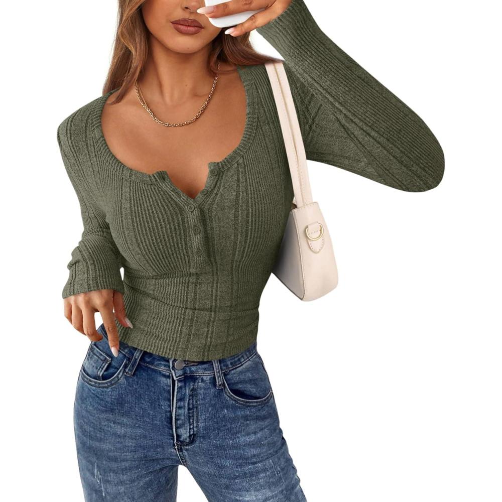 imagePRETTYGARDEN Womens Long Sleeve Tops 2026 Spring Fashion Clothes Henley Shirts Slim Fitted Ribbed Tees Blouses Fall OutfitsArmy Green