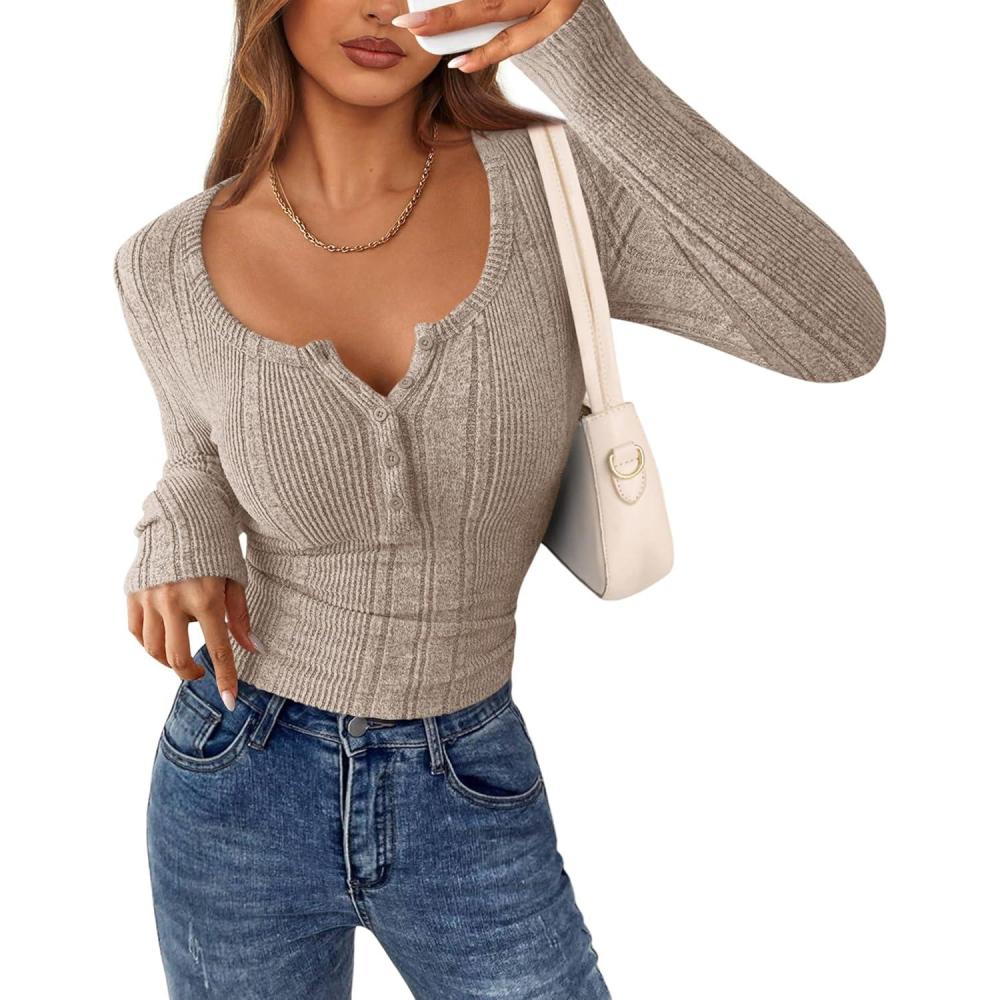 imagePRETTYGARDEN Womens Long Sleeve Tops 2026 Spring Fashion Clothes Henley Shirts Slim Fitted Ribbed Tees Blouses Fall OutfitsLight Khaki