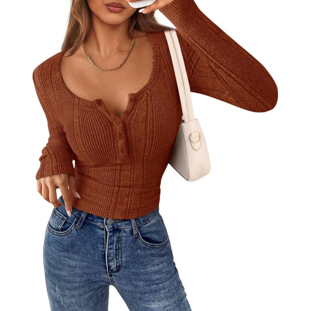 imagePRETTYGARDEN Womens Long Sleeve Tops 2026 Spring Fashion Clothes Henley Shirts Slim Fitted Ribbed Tees Blouses Fall OutfitsRust