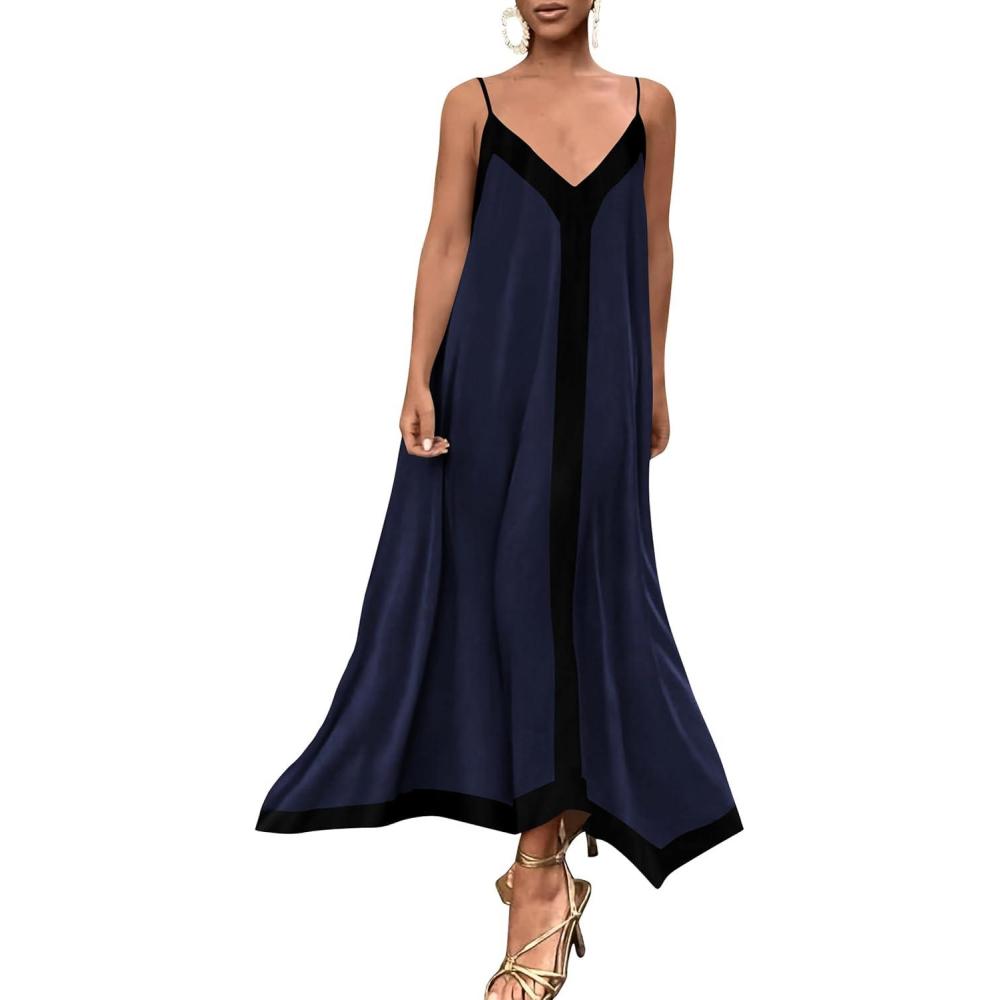 imagePRETTYGARDEN Womens Maxi Dress 2026 Summer Sundress V Neck Spaghetti Strap Flowy Elegant Party Dresses Beach Vacation ClothesNavy