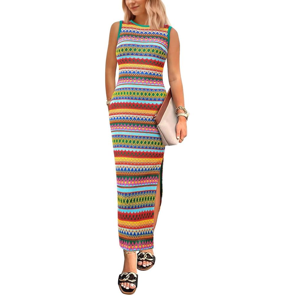 imagePRETTYGARDEN Womens Maxi Tank Spring Dress Sleeveless Crew Neck Striped Side Slit Casual Long Bodycon DressesGreen
