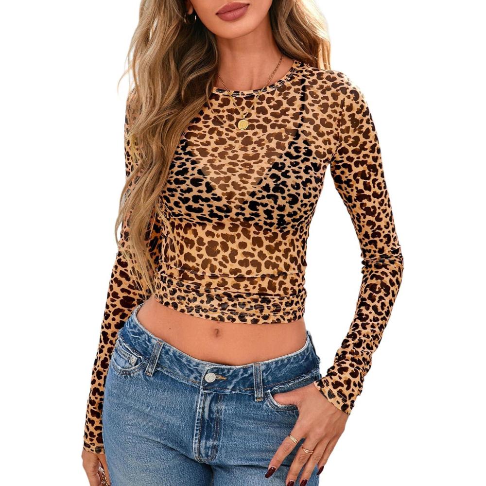 imagePRETTYGARDEN Womens Mesh Long Sleeve Spring Top 2026 Trendy Summer See Through Sheer Blouse Fitted Going Out Layering ShirtsLeopard Brown